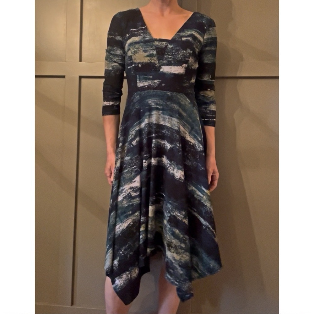 Simply Vera Vera Wang Dress Asymmetric Hem 3/4 Sleeve Blue Multi Size XS